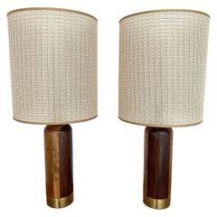Contemporary Pair of Wood and Brass Lamps, Italy
