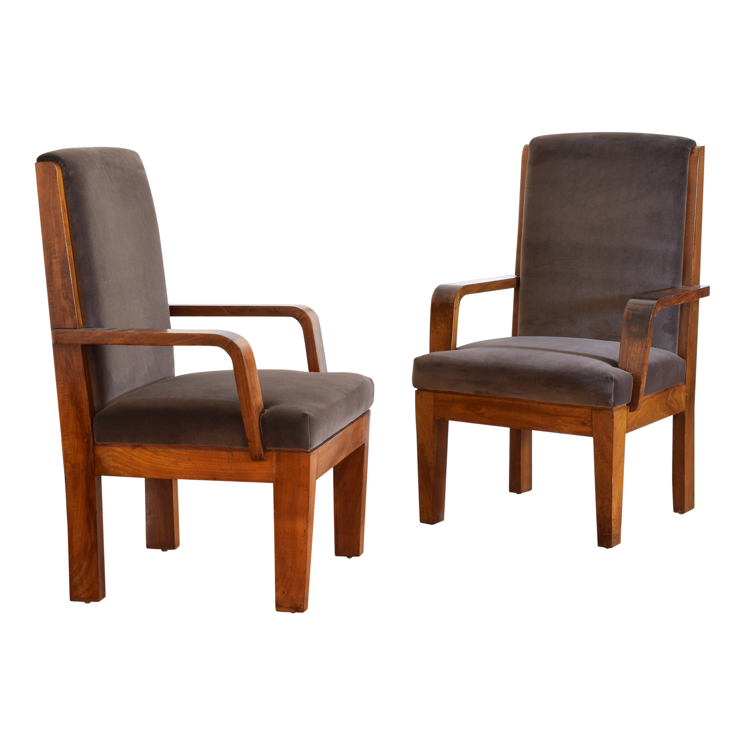 Pair Italian Late Art Deco Walnut & Velvet Upholstered Armchairs, ca. 1930’s