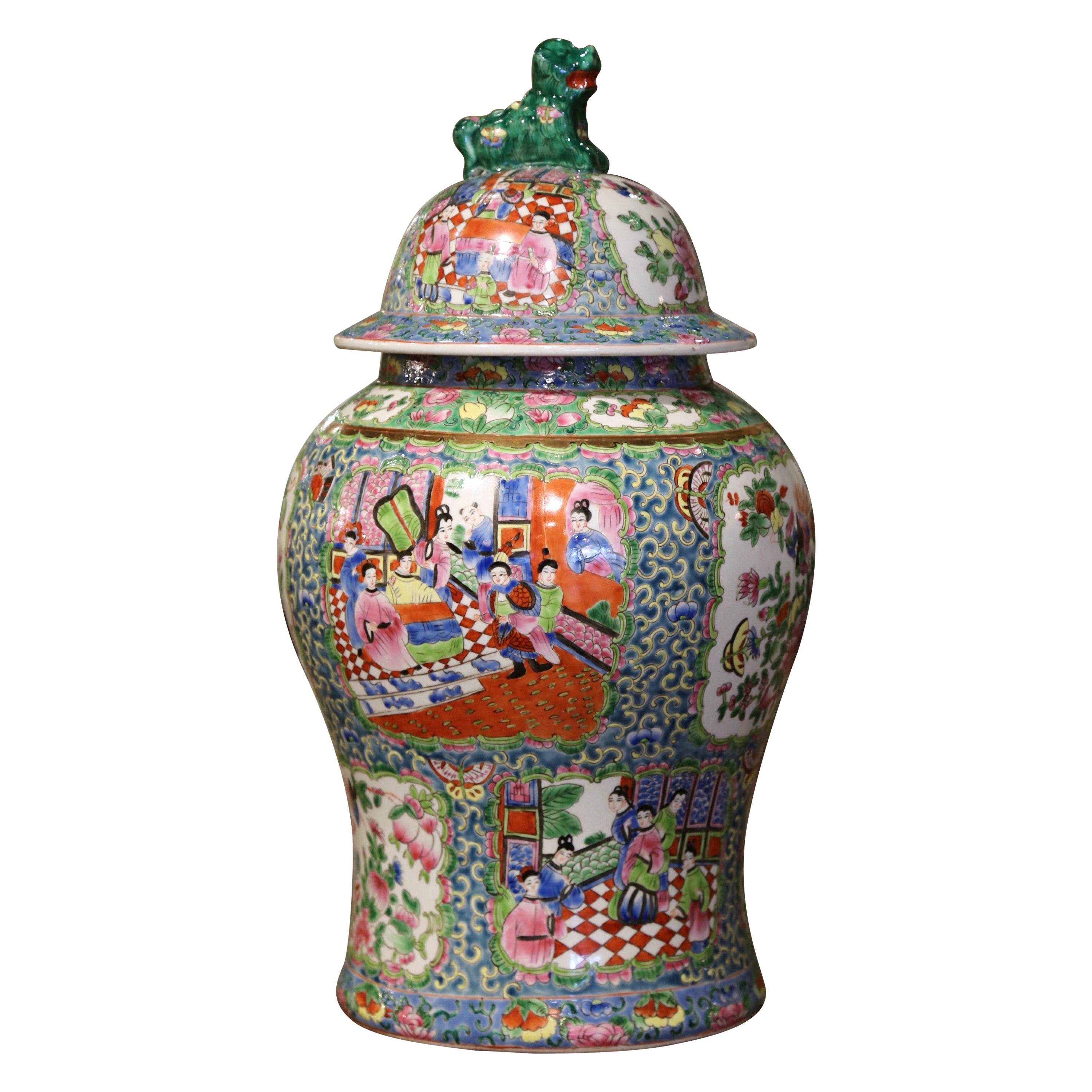 Pot de temple chinois peint Famille Verte avec couvercle du début du 20e siècle