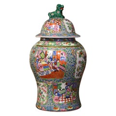Used Early 20th Century Chinese Painted Famille Verte Porcelain Temple Jar with Lid