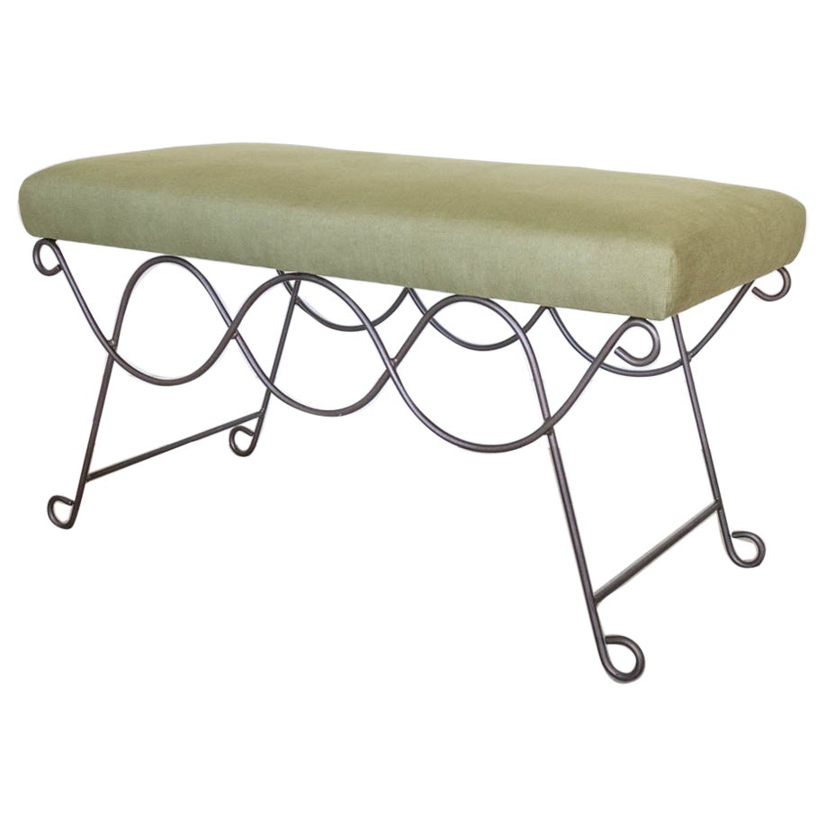 Panoplie Iron Double Loop Bench, Green Linen For Sale