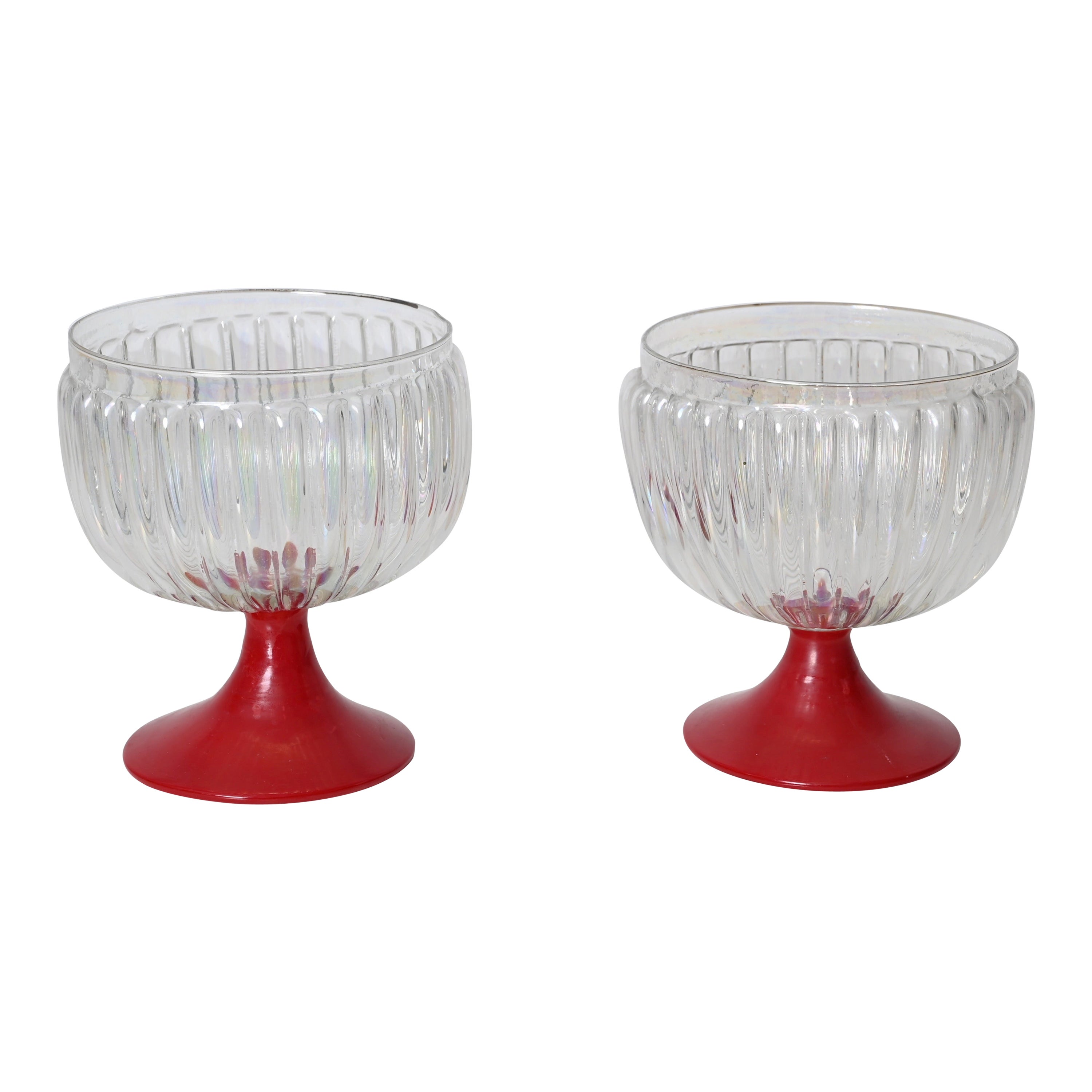 Pair of Large Decorative Murano Red and Iridescent Goblet Glasses, Italy 1940s