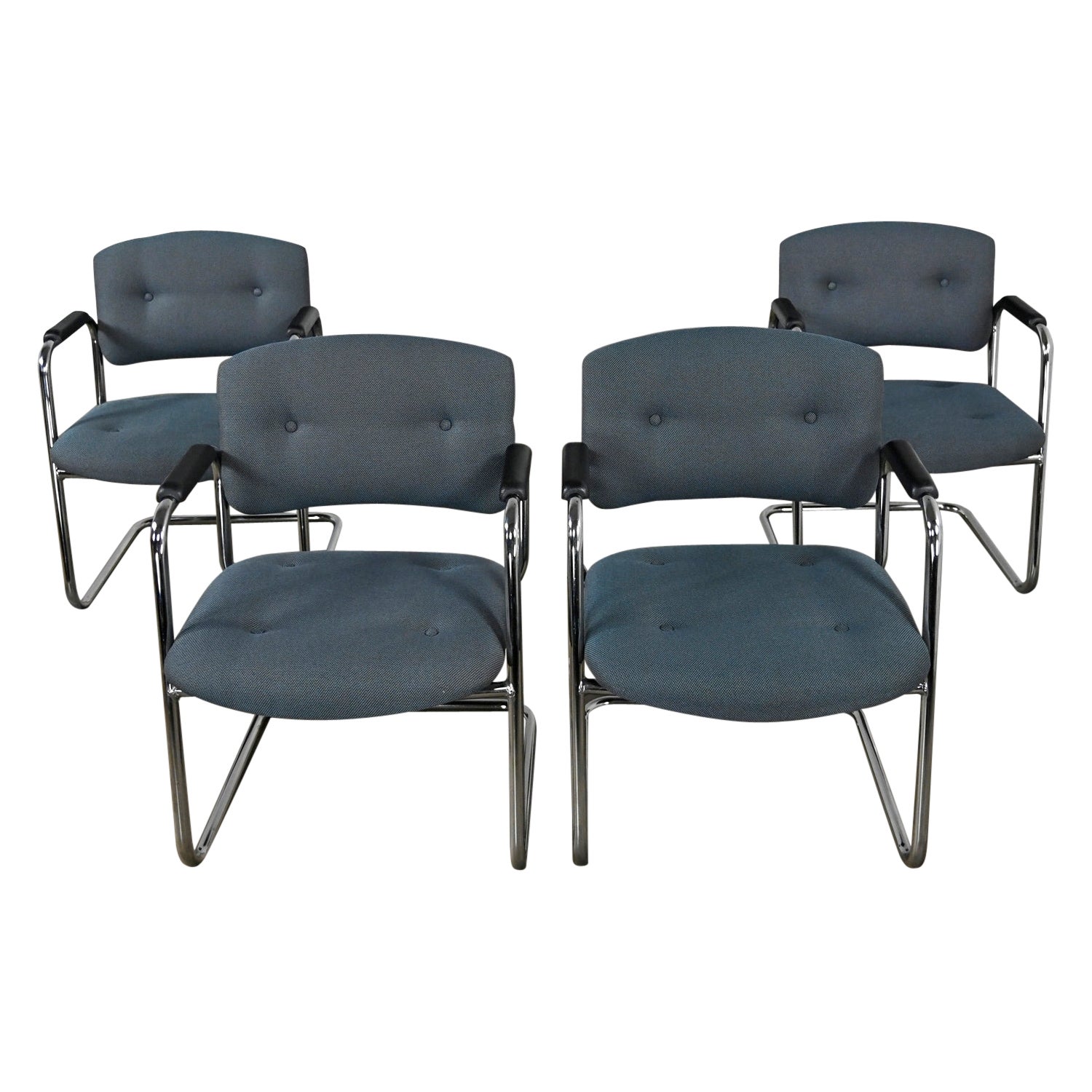 Late 20th Century Gray & Chrome Cantilever Chairs Style Steelcase Set of 4 For Sale