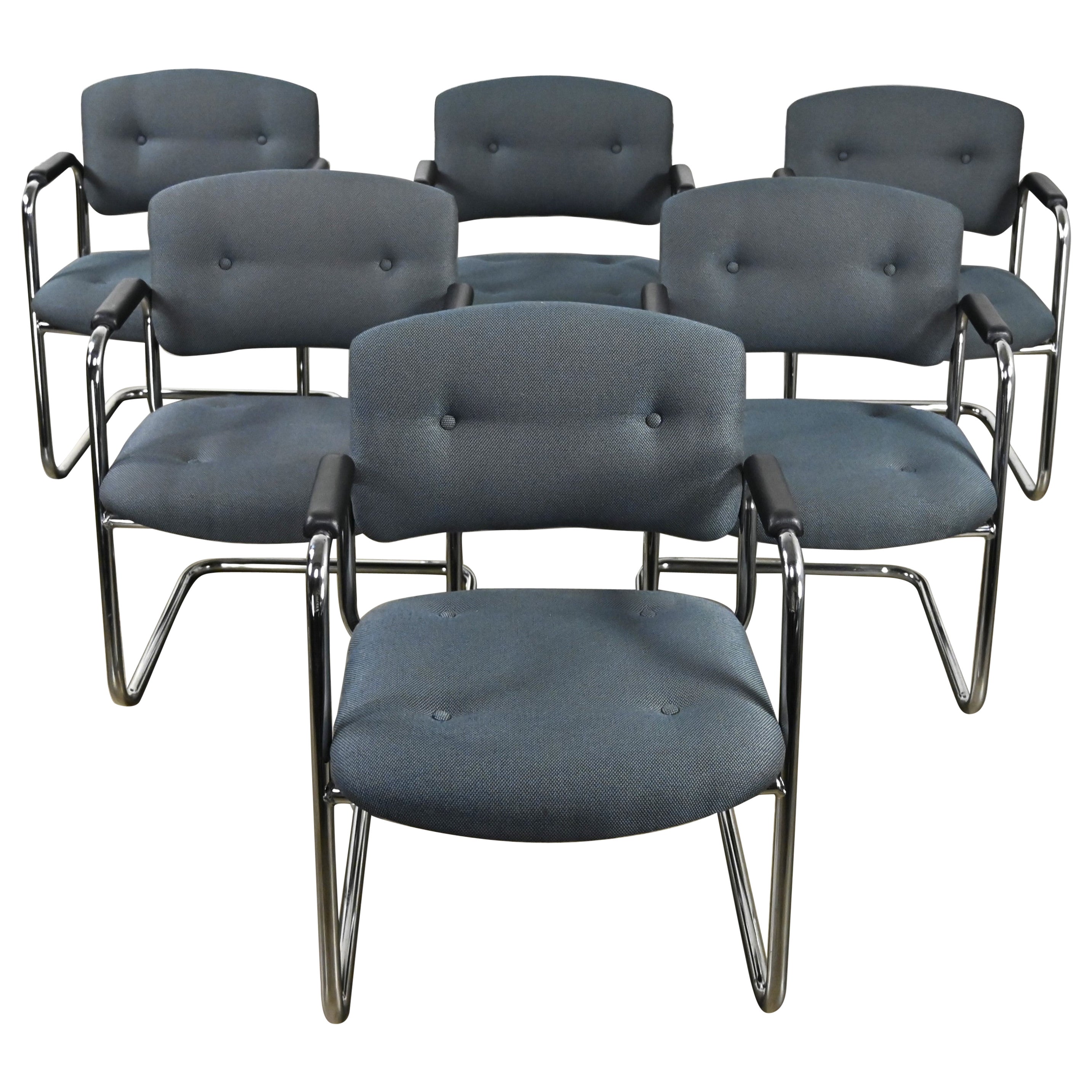 Late 20th Century Gray & Chrome Cantilever Chairs Style Steelcase Set of 6 For Sale