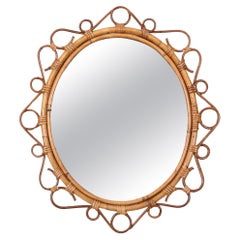 French Riviera Oval Mirror in Rattan, Bamboo and Wicker, Italy 1970s