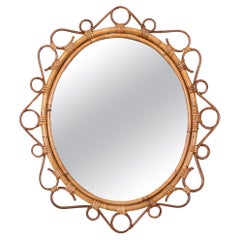 Retro French Riviera Oval Mirror in Rattan, Bamboo and Wicker, Italy 1970s