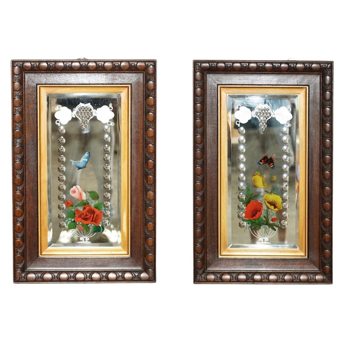 UNIQUE PAIR OF ANTIQUE ITALiAN VENETIAN CARVED REVERSE PAINTED BIRD MIRRORS For Sale