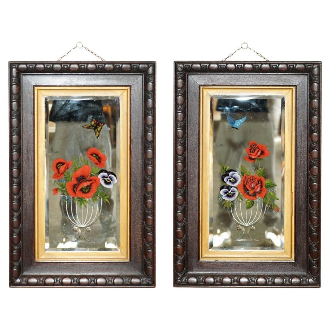 UNIQUE PAIR OF ANTIQUE ITALIAN VENETIAN CARVED REVERSE PAINTED FLORAL MIRRORs For Sale