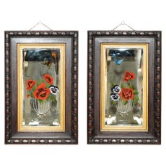 UNIQUE PAIR OF ANTIQUE ITALIAN VENETIAN CARVED REVERSE PAINTED FLORAL MIRRORs