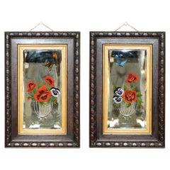 UNIQUE PAIR OF Vintage ITALIAN VENETIAN CARVED REVERSE PAINTED FLORAL MIRRORs