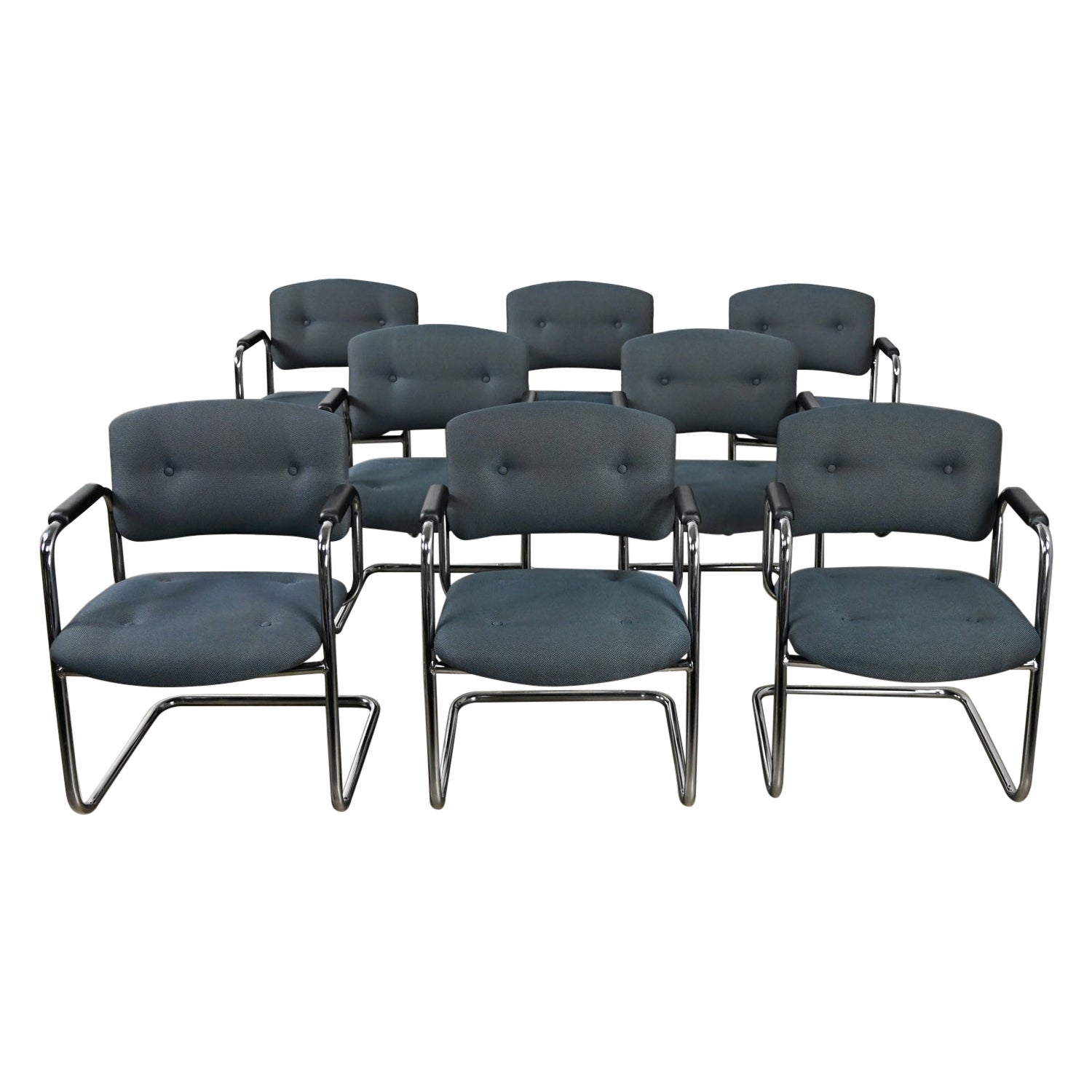 Late 20th Century Gray & Chrome Cantilever Chairs Style Steelcase Set of 8 For Sale
