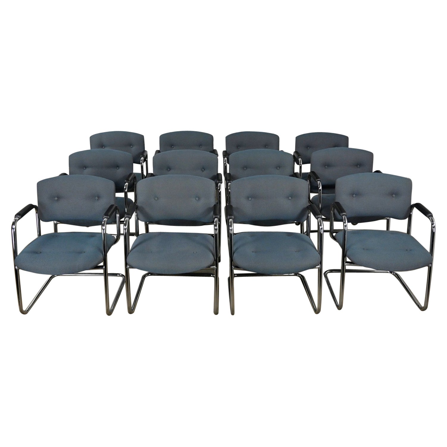 Late 20th Century Gray & Chrome Cantilever Chairs Style Steelcase Set of 12 For Sale