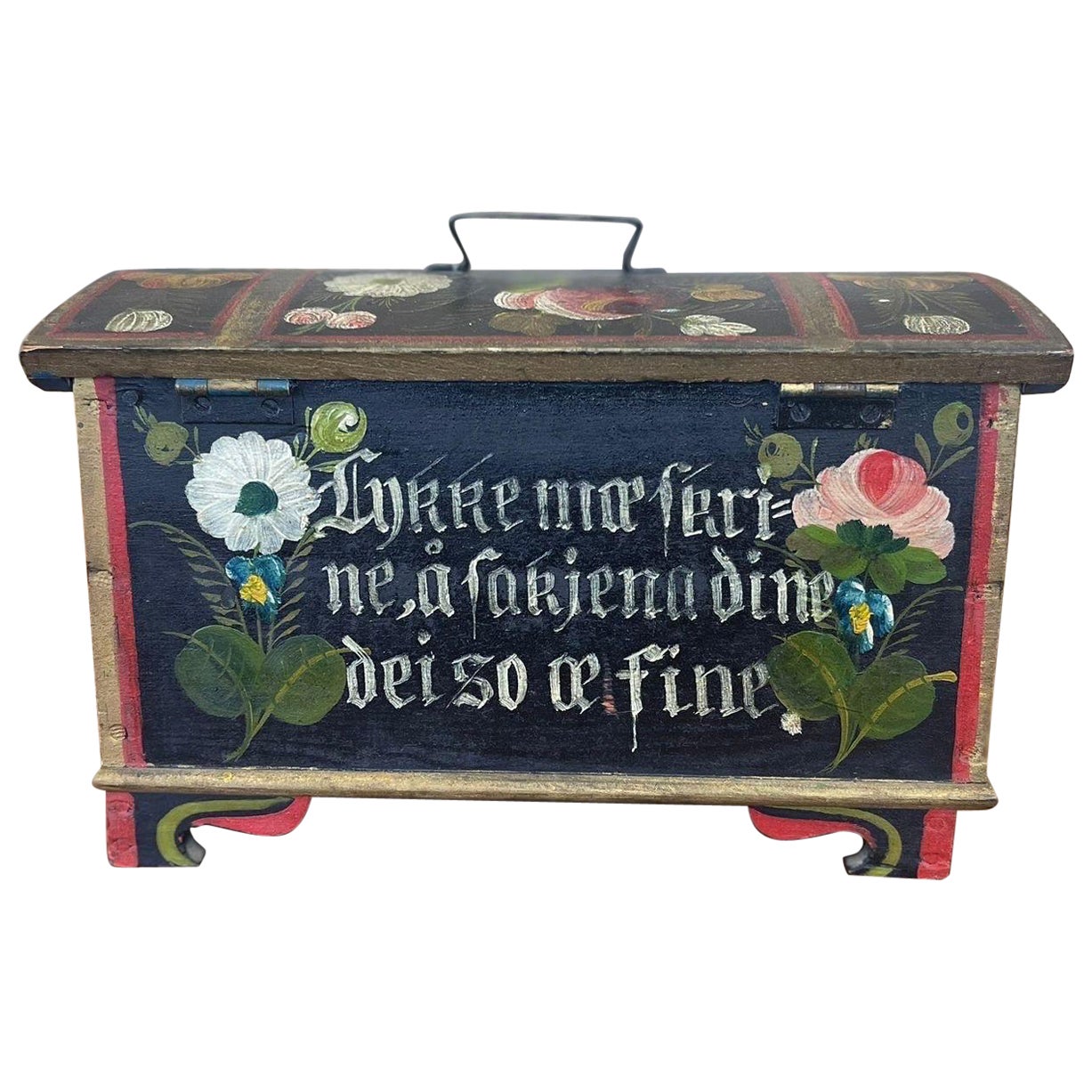 Vintage Norwegian Wood.chest With Hand Painted Floral Motif For Sale