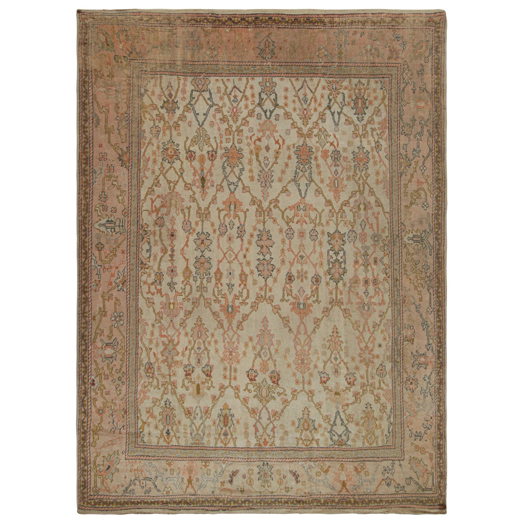 Antique Oushak Rug in Beige and Pink with Floral Patterns, from Rug & Kilim For Sale