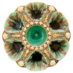 Antique English Minton Majolica Malachite Green Porcelain Oyster Plate, Ca 1875