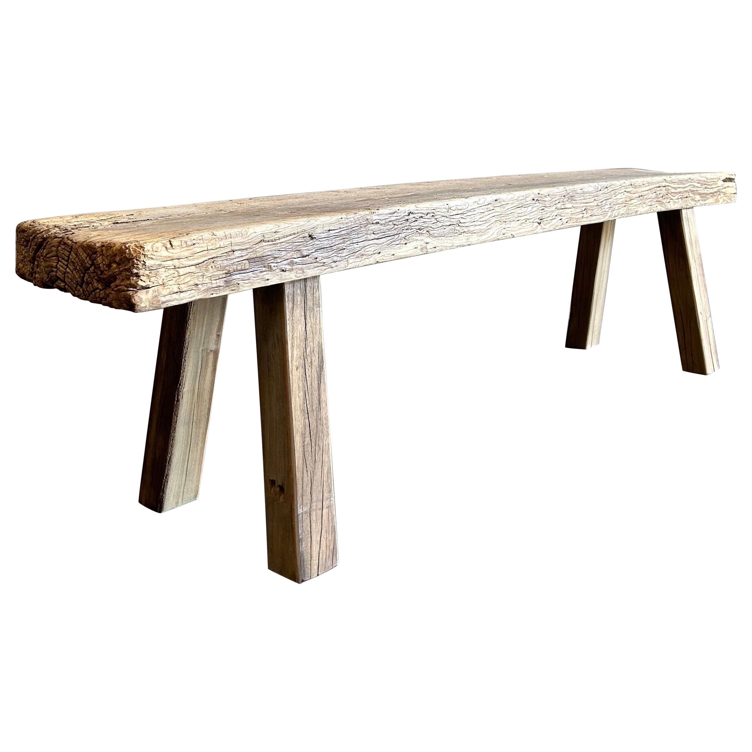 Vintage Plank Elm Wood Bench - 72"  For Sale