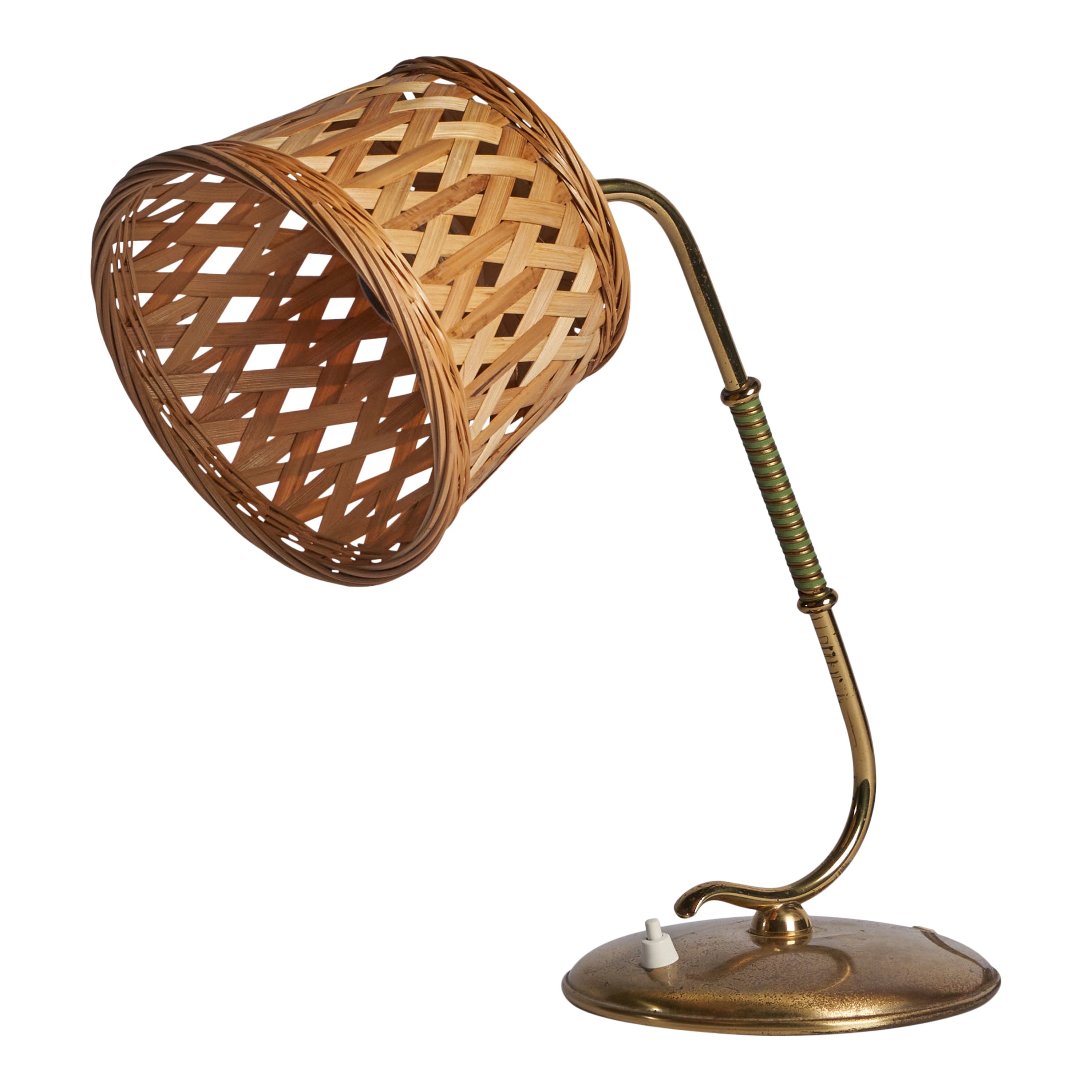 Valinte OY, Table Lamp, Brass, Rattan, Finland, 1940s For Sale