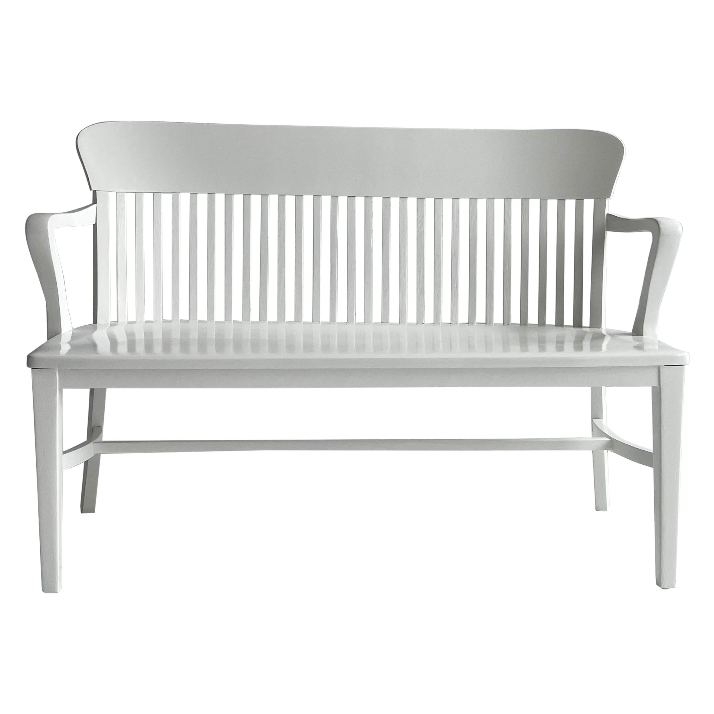 White Lacquered Industrial Oak Court Bench For Sale