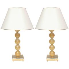 Pair of Art Deco Murano Table Lamps on Brass and Glass Block Base