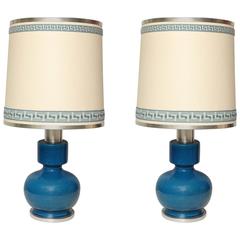 Pair of Modernist Table Lamps in Crackled Blue / Turquoise Glazed Ceramic