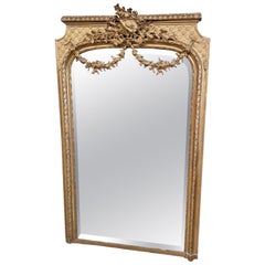 Grand miroir français ancien de style Louis XVI doré du 19ème siècle