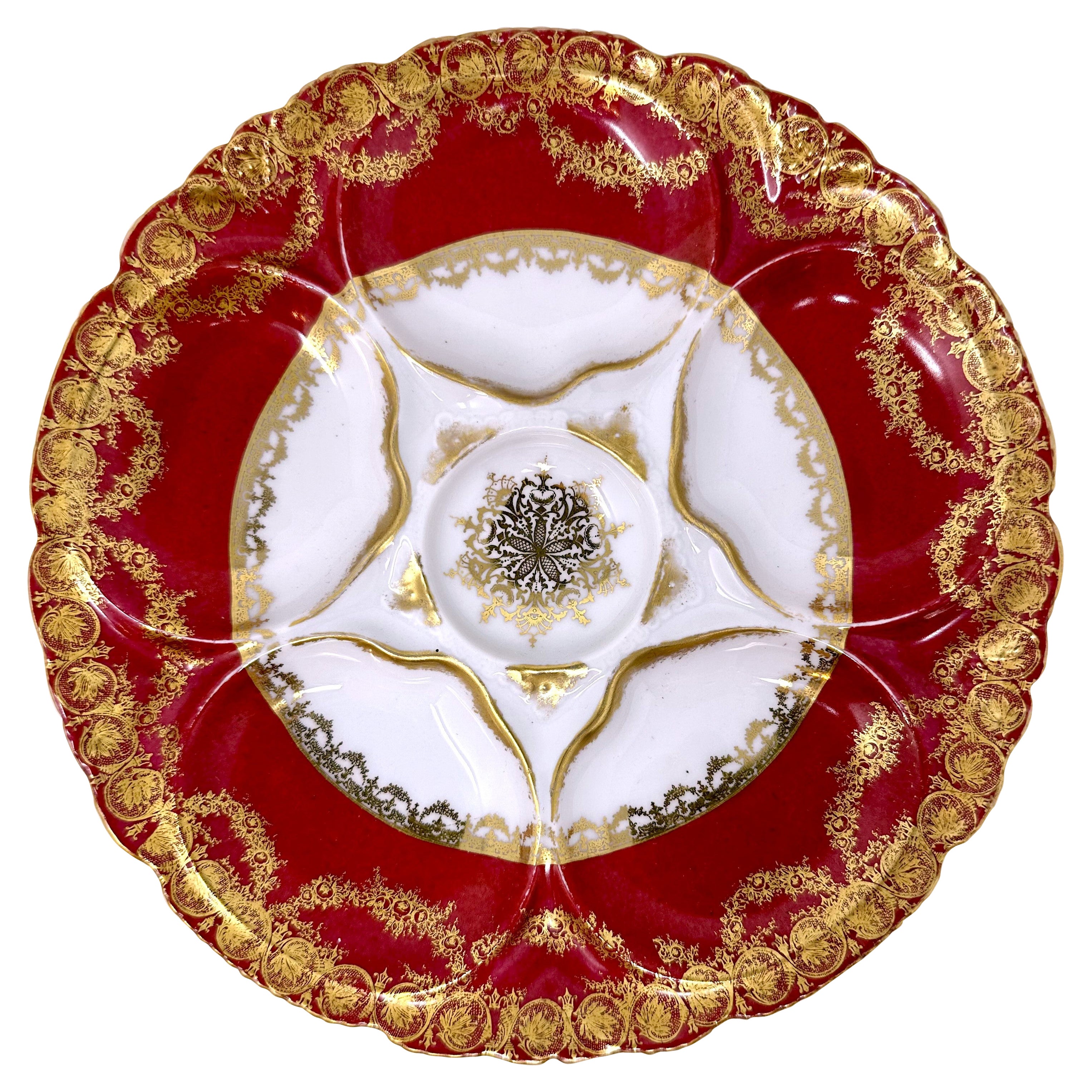 Antique French Haviland Limoges Red & Gold  Porcelain Oyster Plate, Circa 1900.