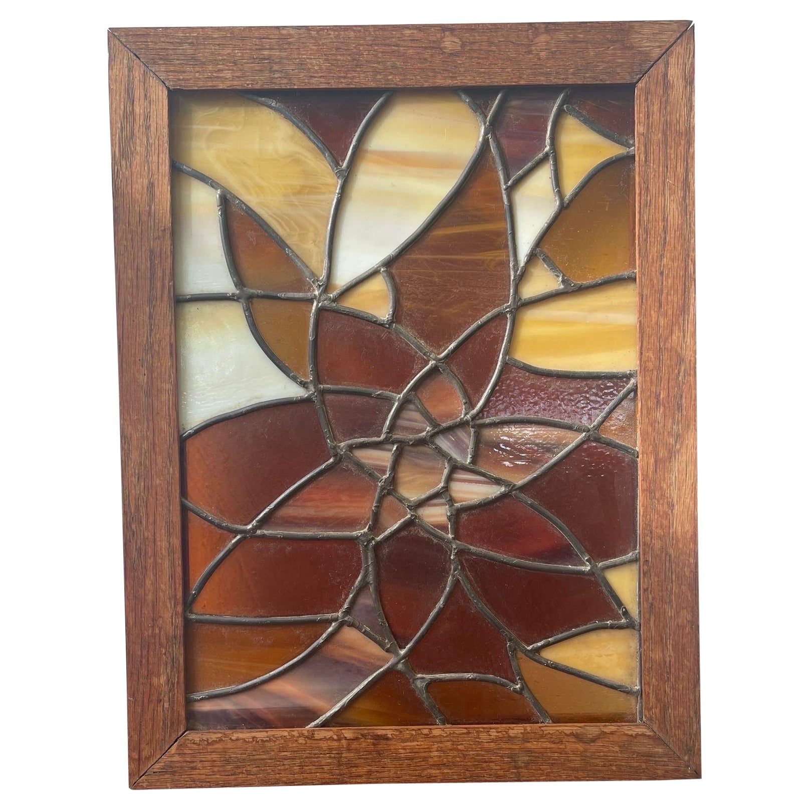 Vintage Framed Stained Glass Brown Beige Yellow White Abstract Flower Pattern. For Sale
