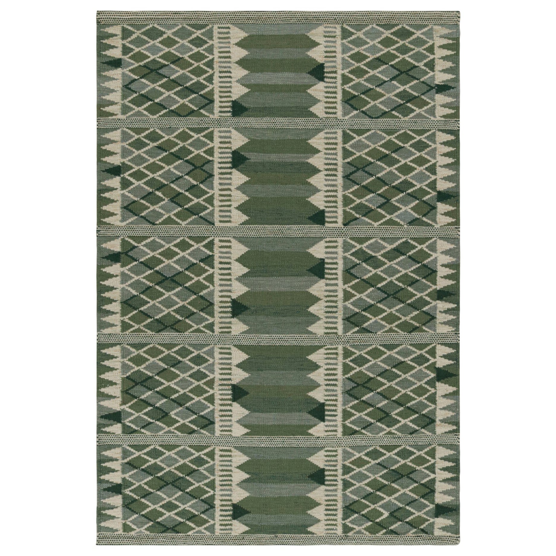 Rug & Kilim’s Scandinavian Style Kilim Rug Design in Green & Beige Patterns For Sale