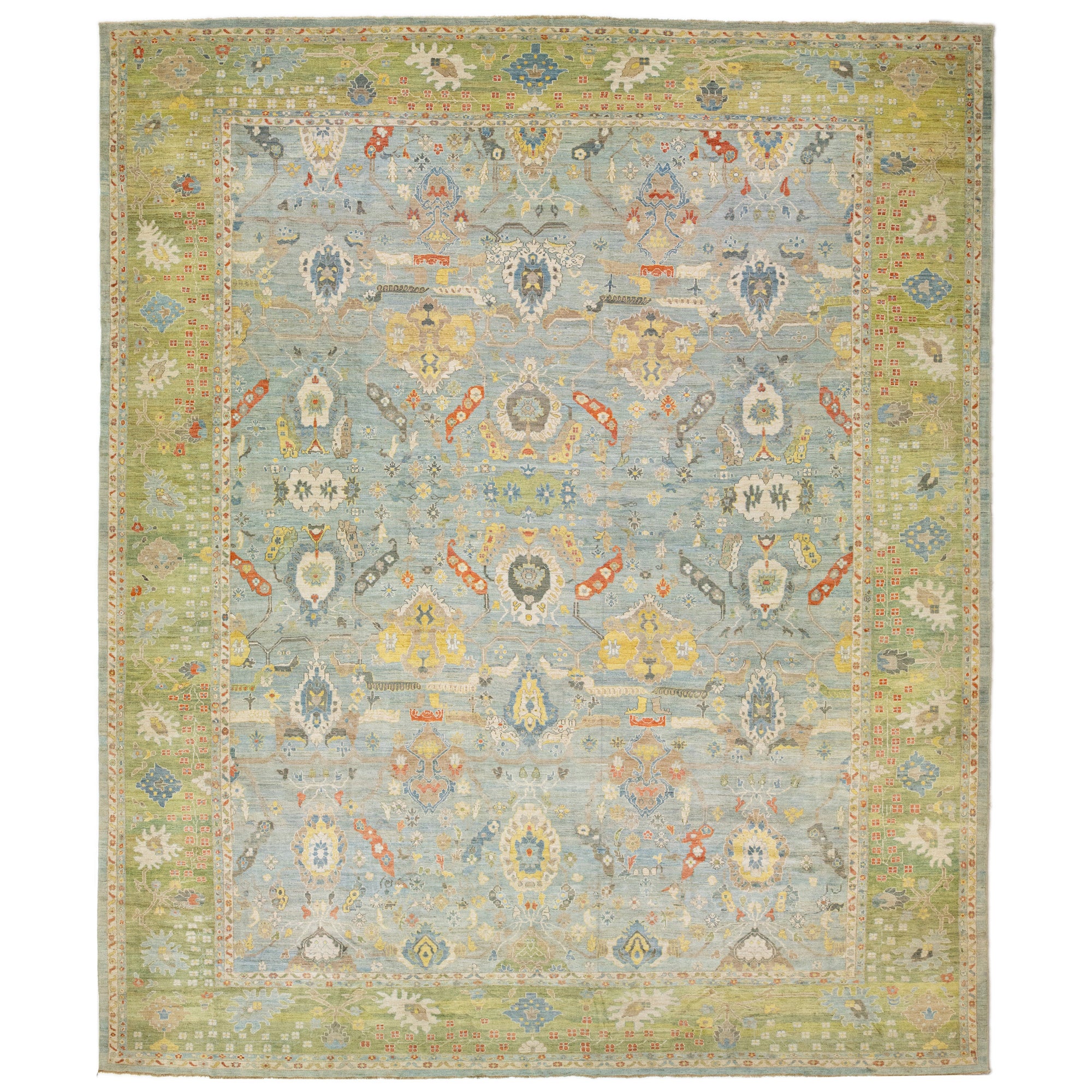 Oversize Blue & Green Sultanabad Wool Rug Handmade Modern with Allover Pattern For Sale