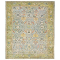 Oversize Blue & Green Sultanabad Wool Rug Handmade Modern with Allover Pattern