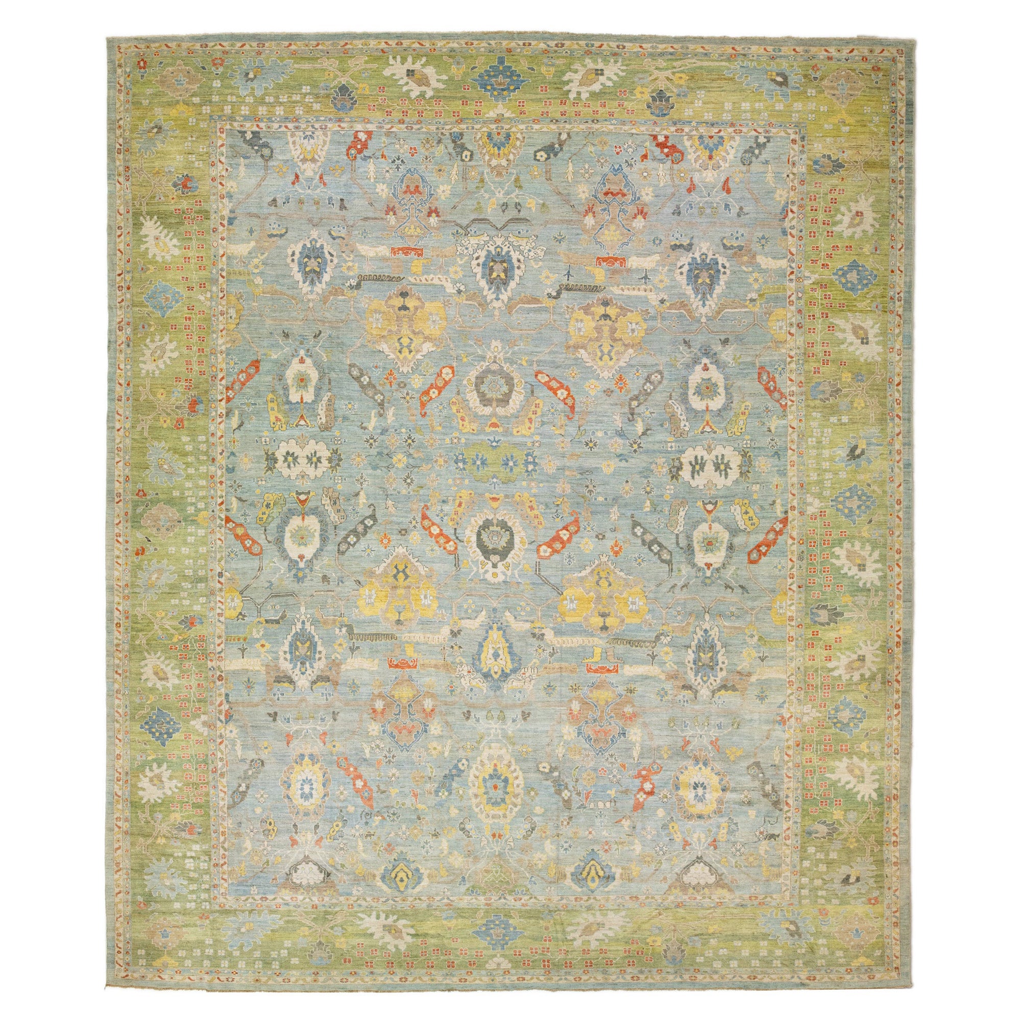 Oversize Blue & Green Sultanabad Wool Rug Handmade Modern with Allover Pattern