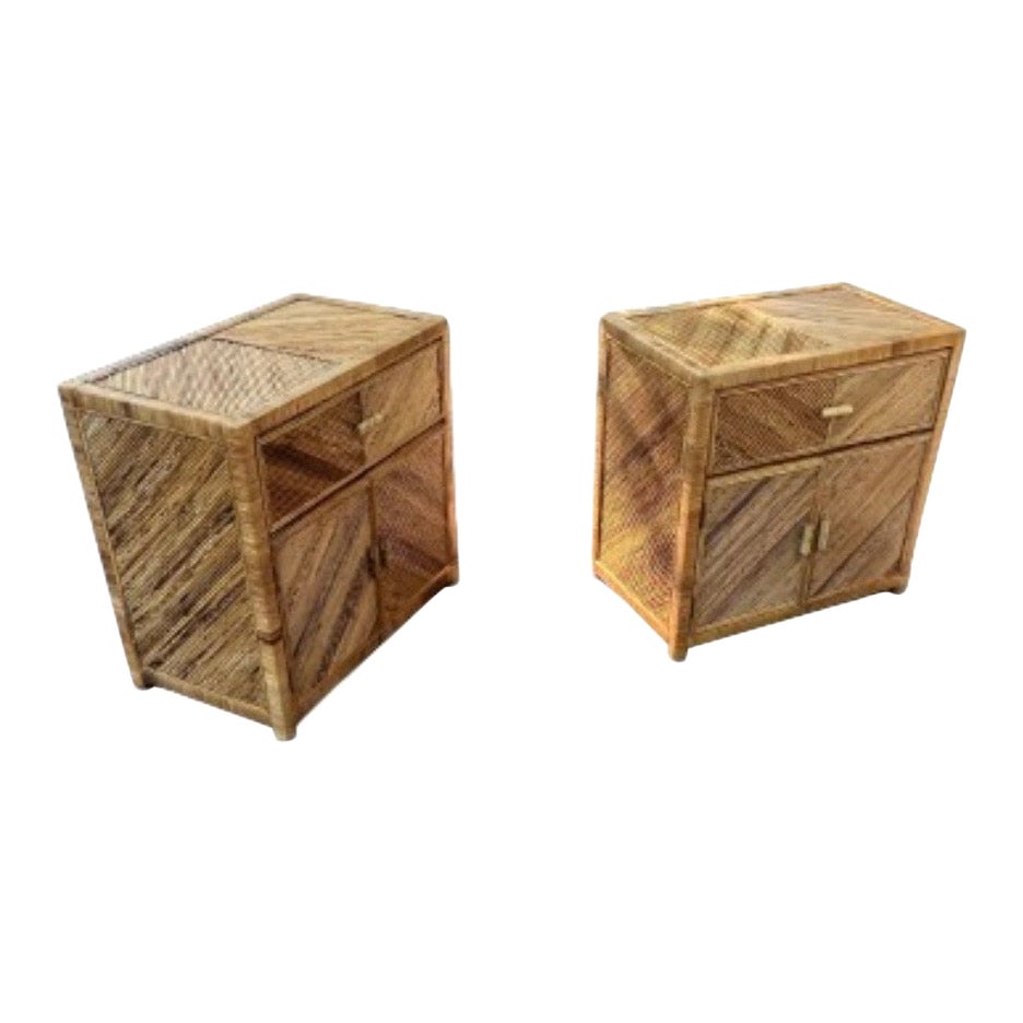 Striking Pair of Textural Bamboo and Cane Marquetry Commodes, circa 1975 For Sale
