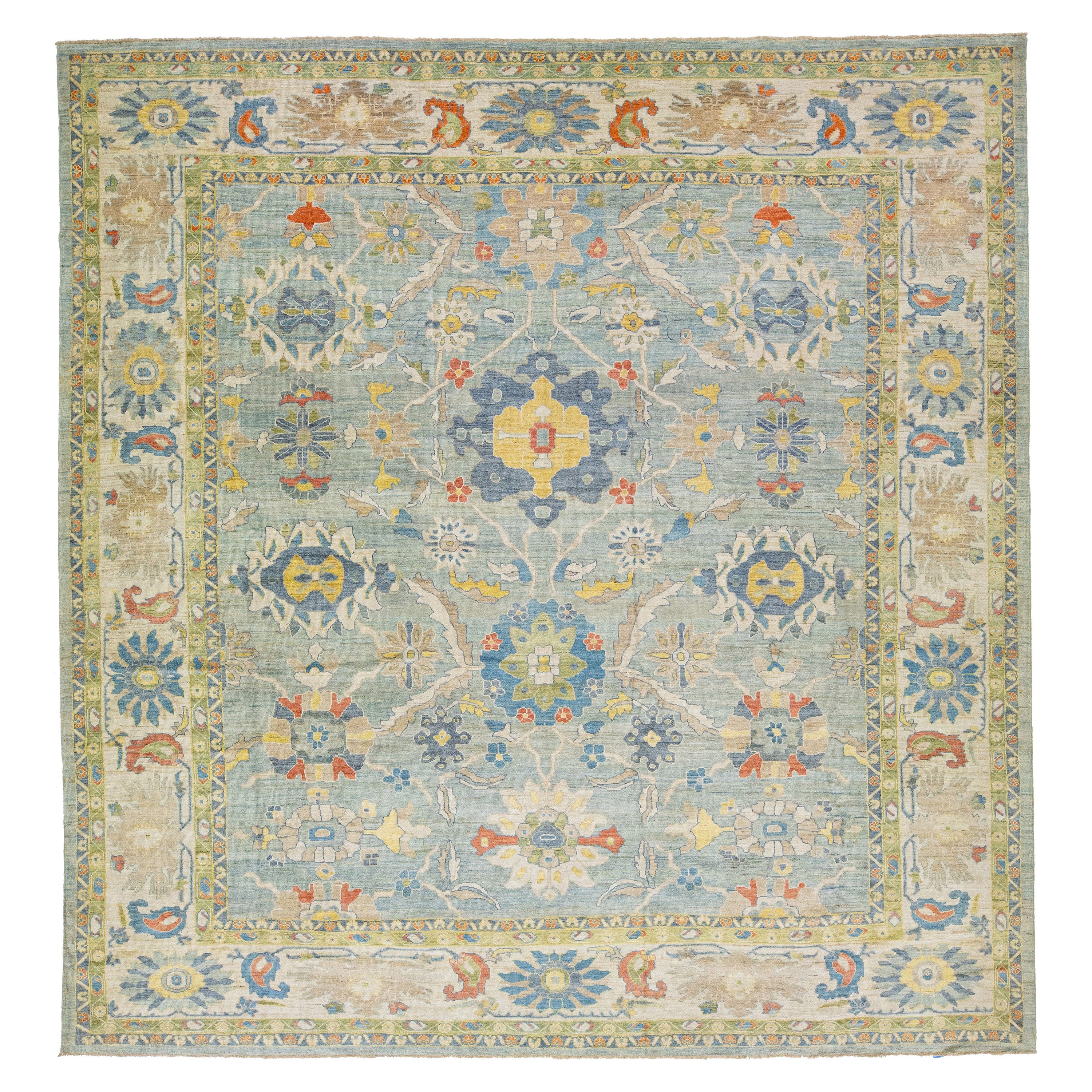 Ovesize Modern Sultanabad Handmade Blue Wool Rug With Floral Motif For Sale