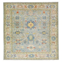 Ovesize Modern Sultanabad Handmade Blue Wool Rug With Floral Motif