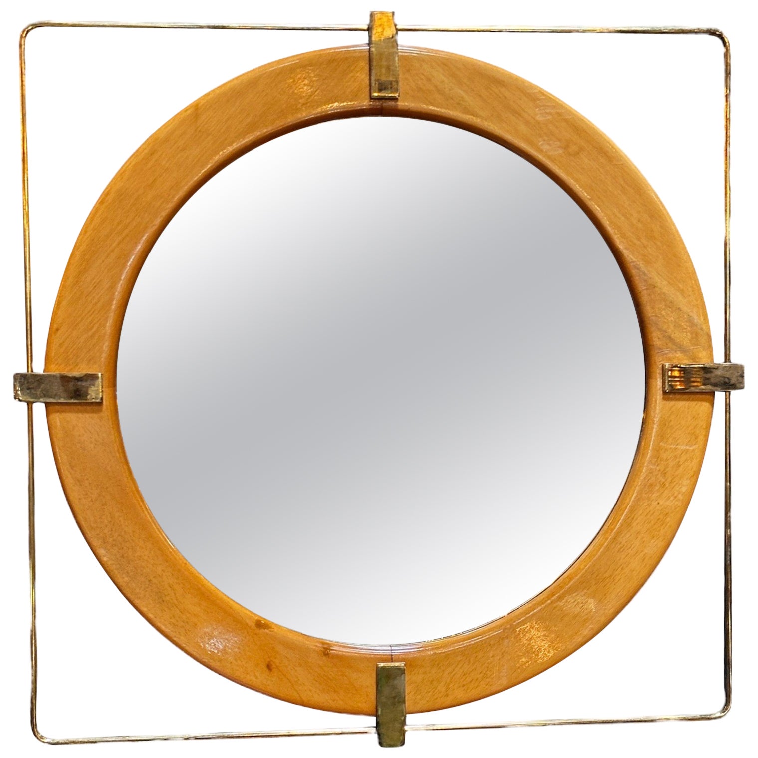 Vintage and Unique Brass Square and Wood Wall Mirror 1980s