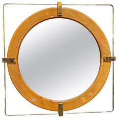 Retro and Unique Brass Square and Wood Wall Mirror 1980s