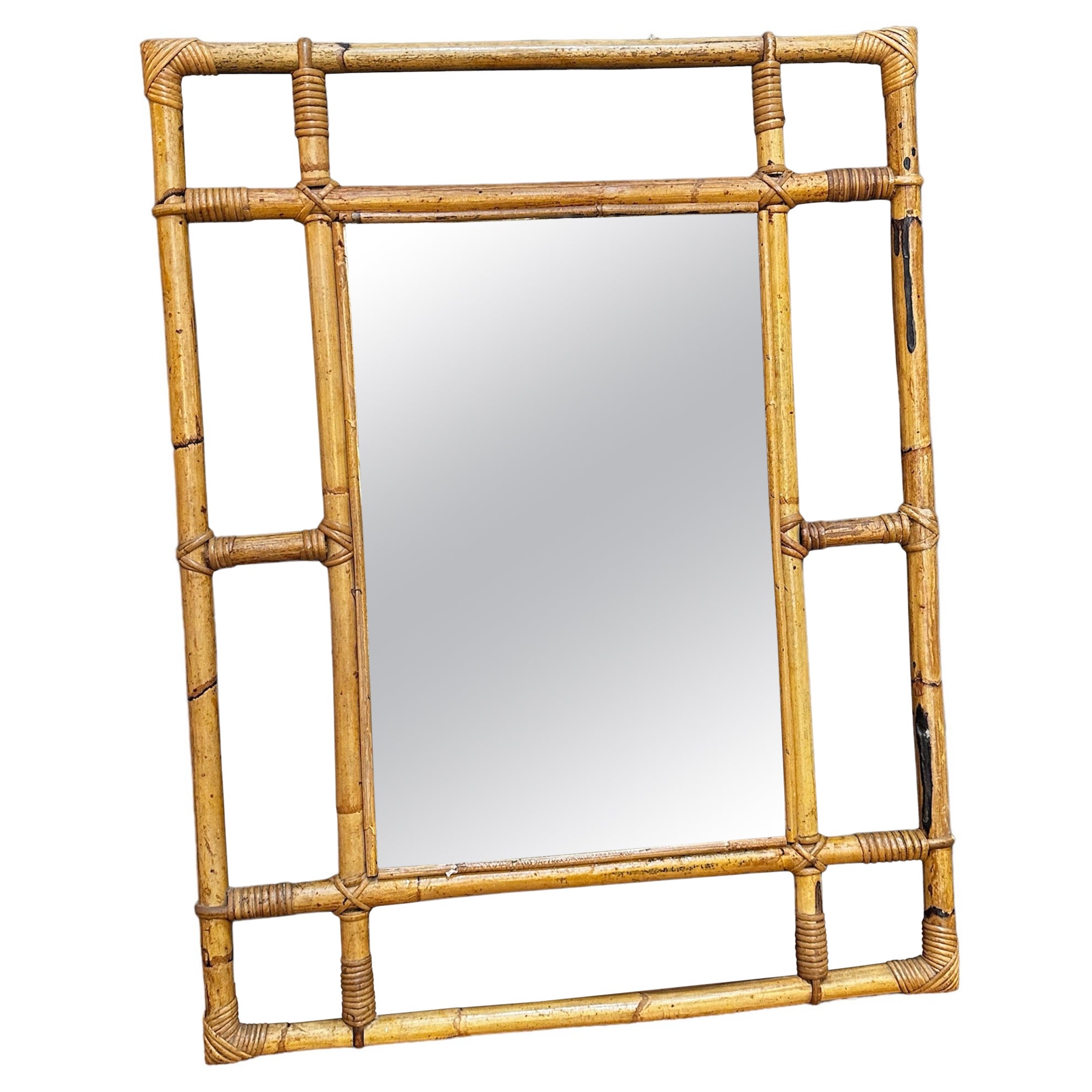 Vintage Italian Square Bamboo Wall Mirror 1980s For Sale