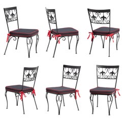 Used Hollywood Regency Wrought Iron Fleur-De-Lis Dining Chairs 1960s - a Set of 6
