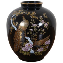 Retro Japanese Black Porcelain Satsuma Cherry Blossom Tree Peacock Vase Urn 7"