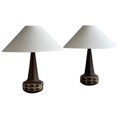 Vintage Pair of Danish Stoneware Table lamps with brown beige glaze, M. Andersen 1960s