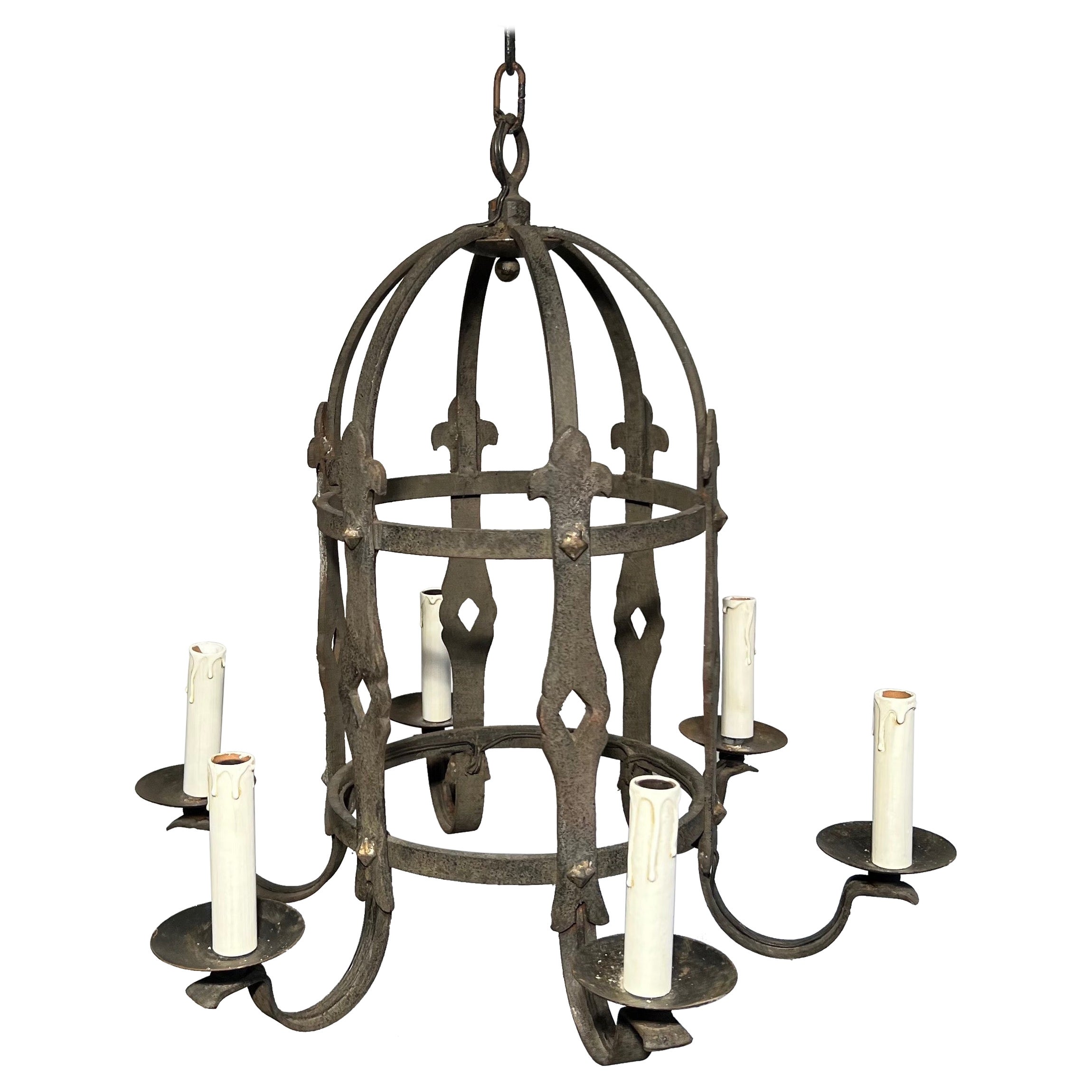Wrought Iron Cage Chandelier in the Gothic Style. Circa 1950