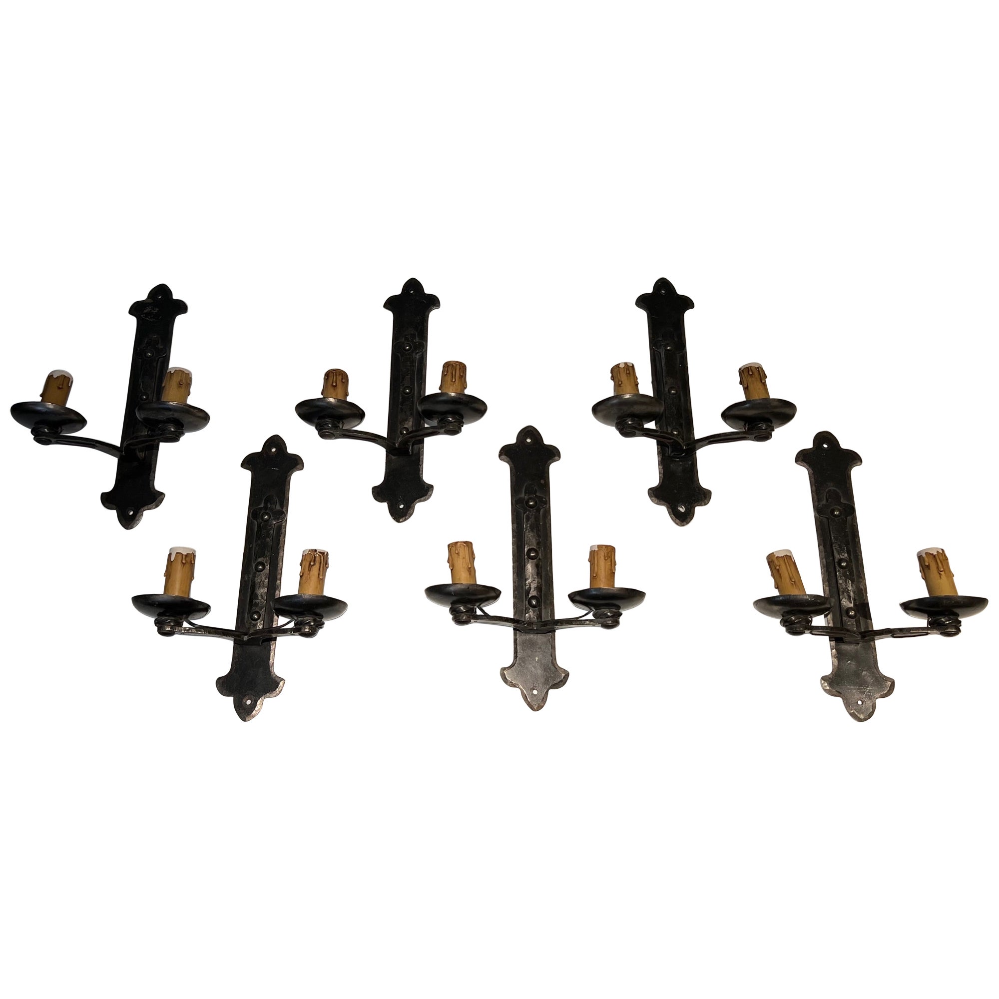 Set of Six Wrought Iron Wall Lights in the Gothic Style. Circa 1950 For Sale