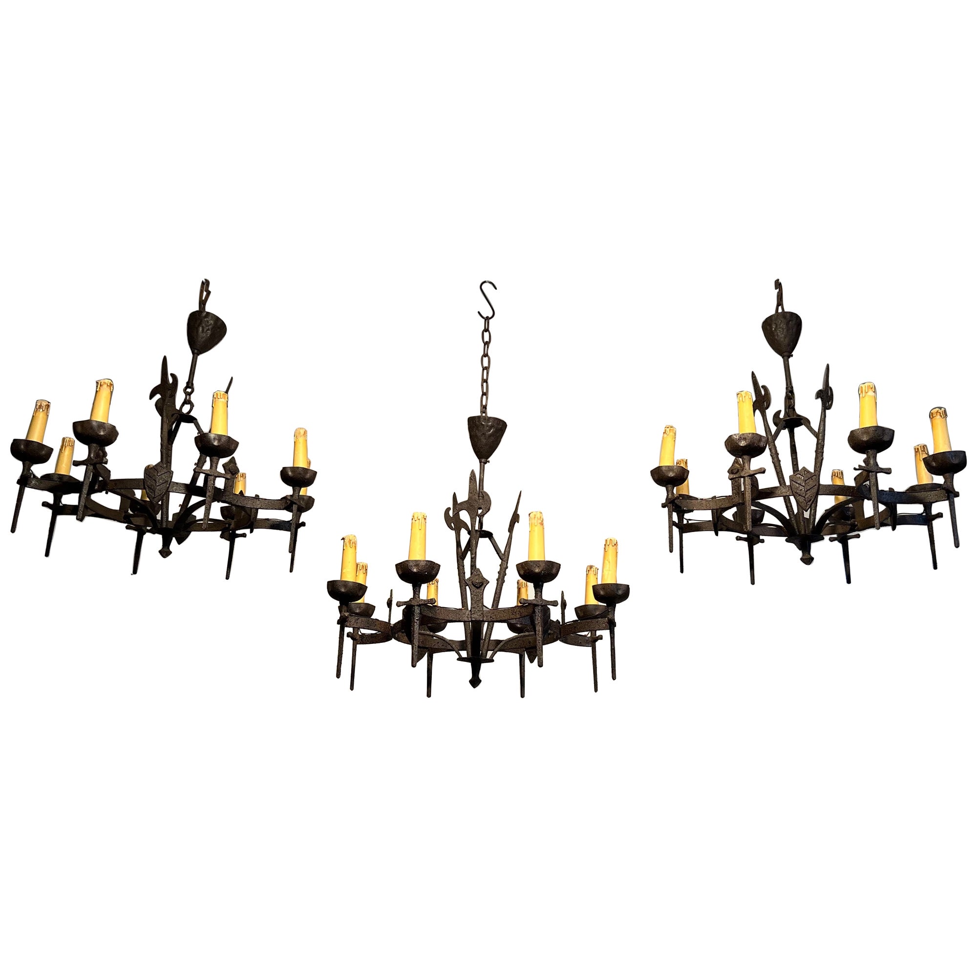 Rare Set of Three Wrought Iron Chandelier in the Gothic Style. Circa 1950 For Sale