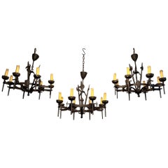 Rare Set of Three Wrought Iron Chandelier in the Gothic Style. Circa 1950