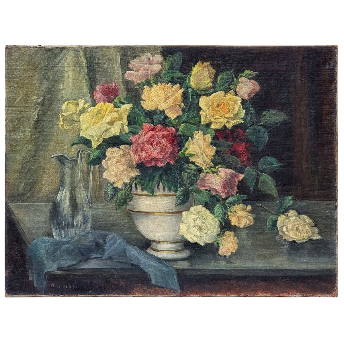 Bouquet Of Roses In A Vase, Signed M. Zevort. Oil Painting, 20th Century For Sale