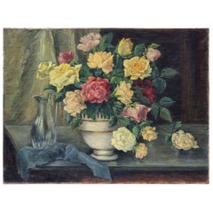 Bouquet de roses dans un vase, signé M. Zevort. Peinture à l'huile, 20e siècle