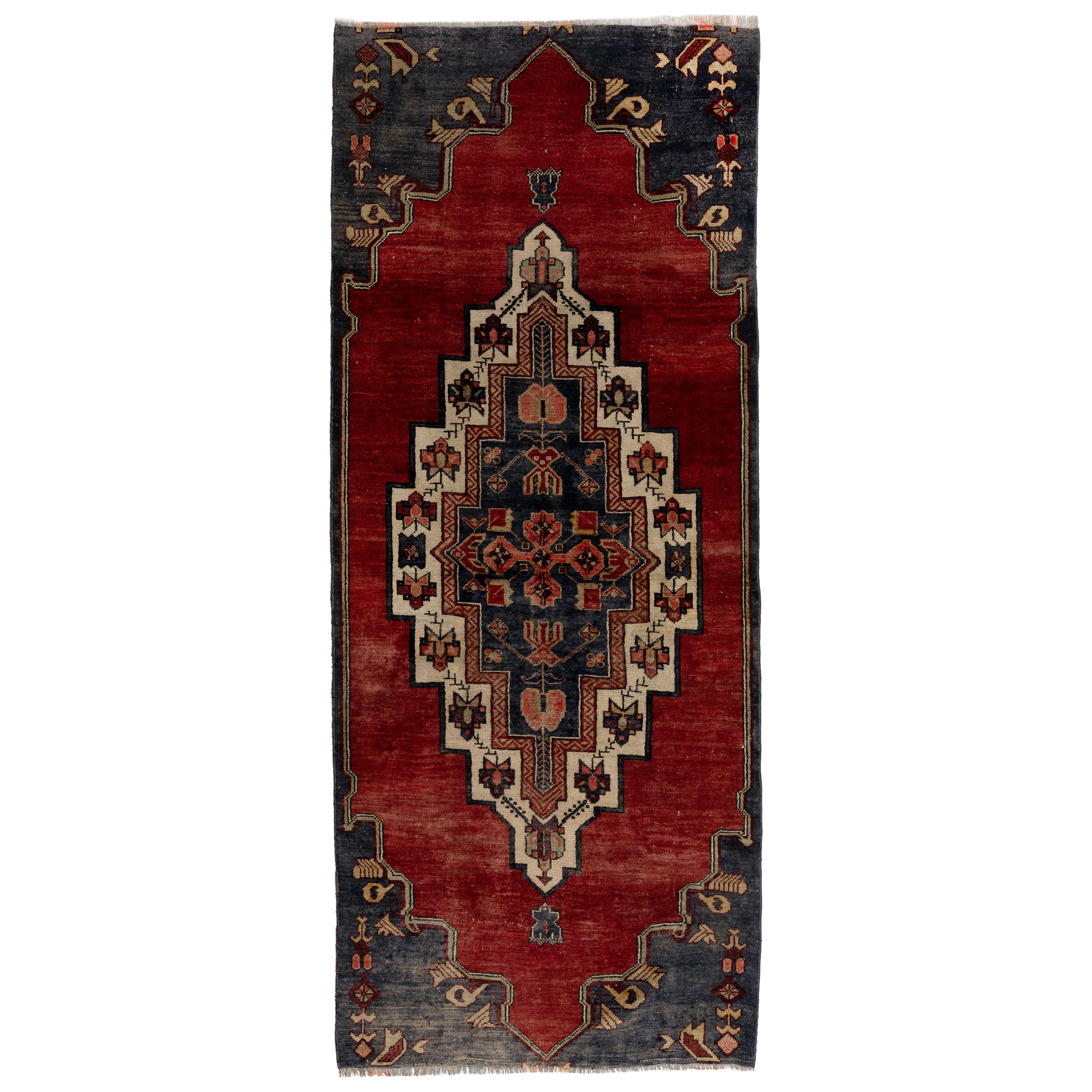 3.8x9 Ft Unique Vintage Handmade Turkish Rug in Red and Dark Navy, circa 1960 For Sale