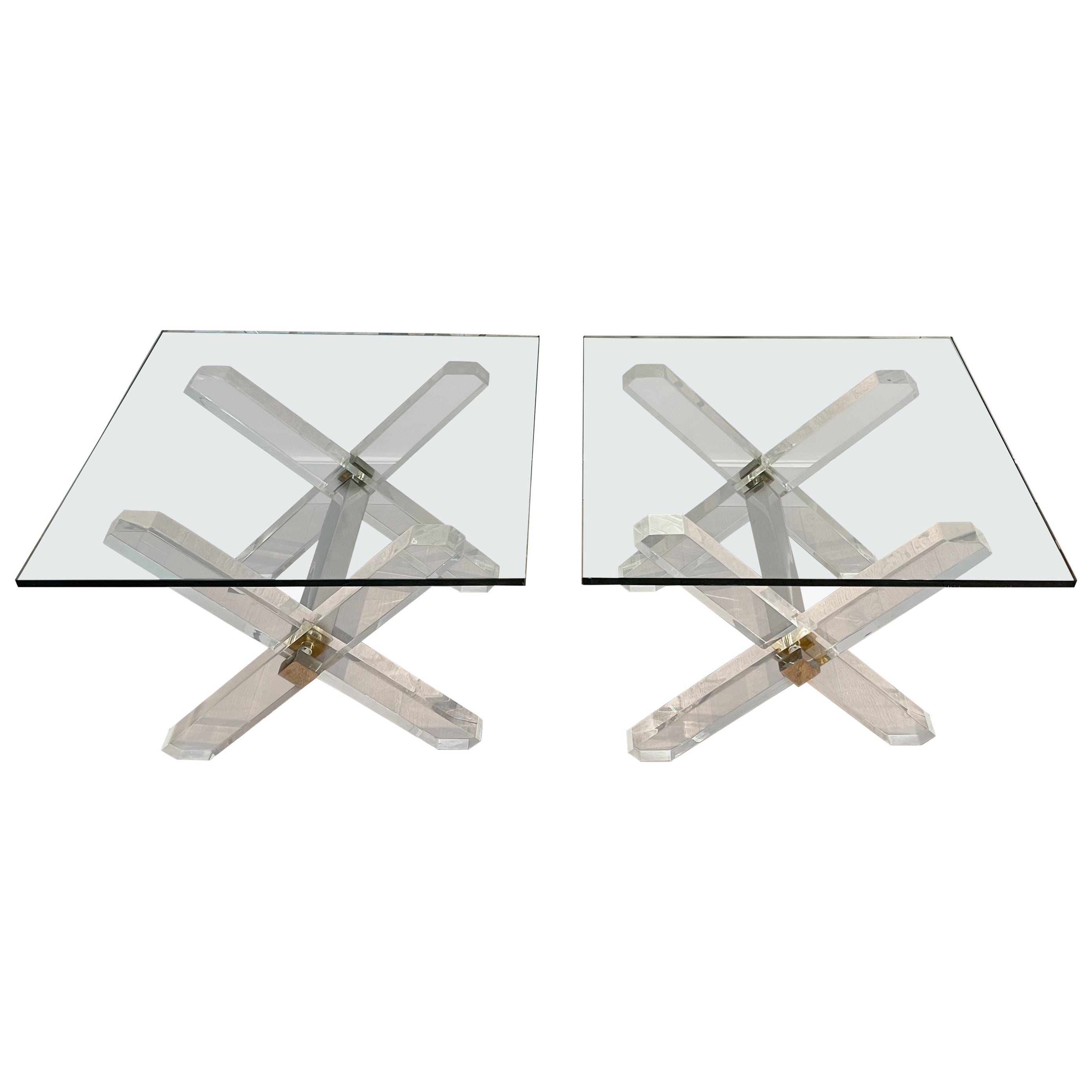 Pair of X Lucite and Chrome Side Tables with Glass Shelves on Top For Sale