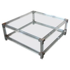 Midcentury Square Lucite Coffee Table with Chromed Metal Details