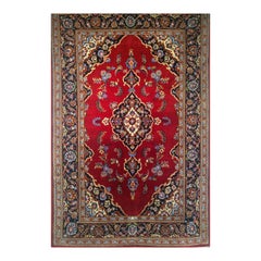 Persischer Kashan im Vintage-Stil in Rot, Babyblau, Elfenbein, Marineblau und Blumenmuster